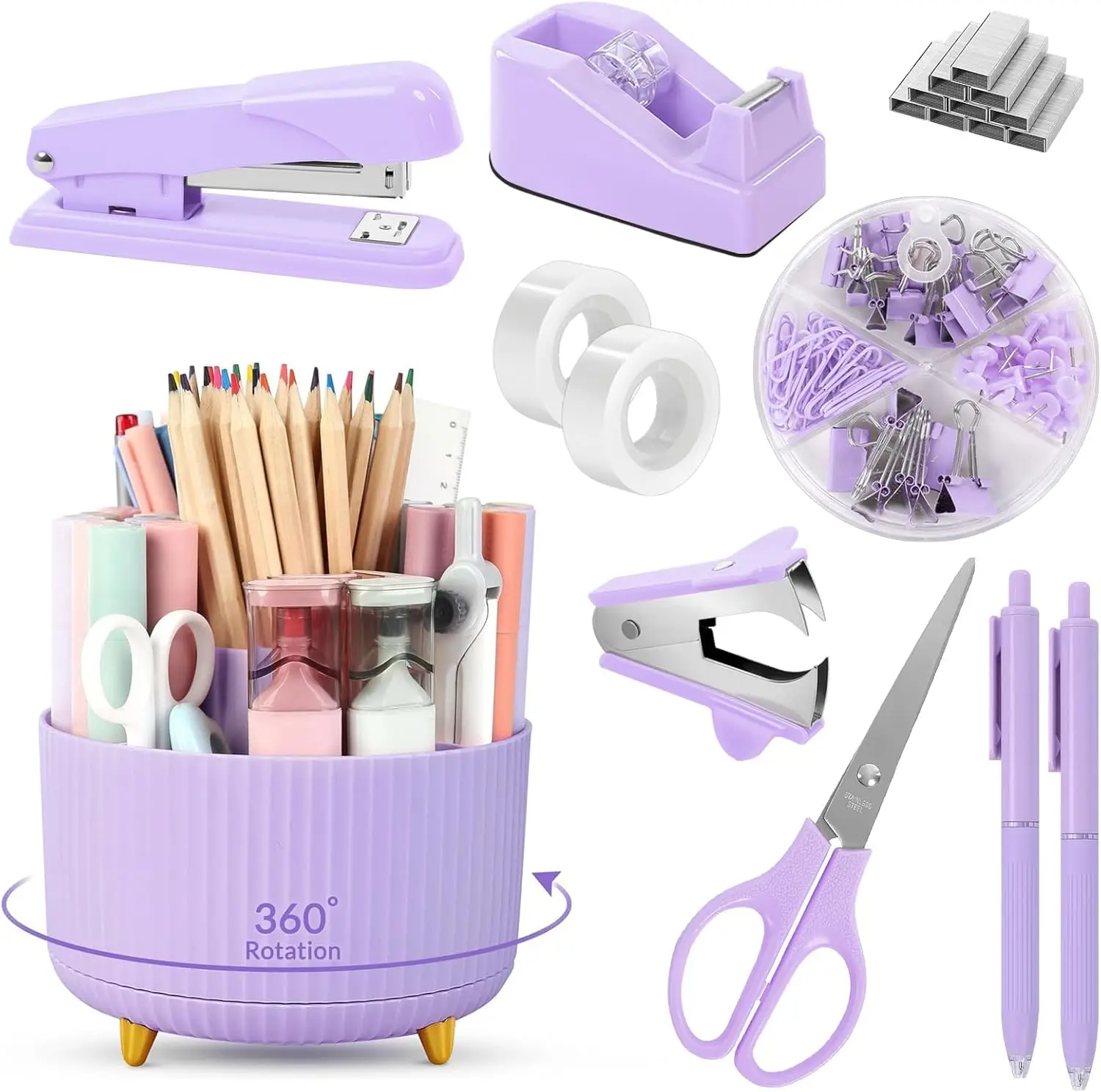 

Purple Office Supplies Set, Desk Accessories 10PCS with Pen Holder, Stapler, Tape Dispenser, Scissors & Ruler