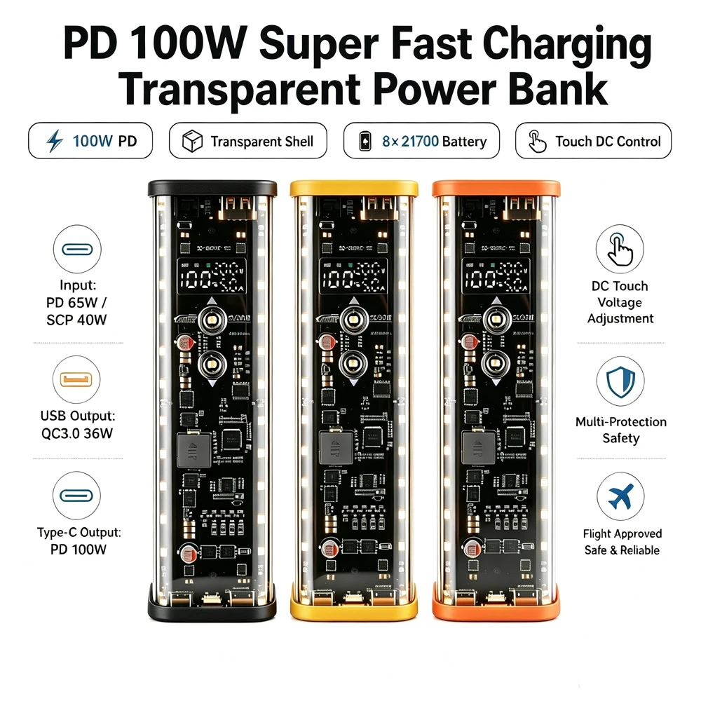 100W PD Transparentes DIY Powerbank-Kit 8-Zellen 21700 Lötfreier Batteriehalter DC-Spannung einstellbar Schnellladebox