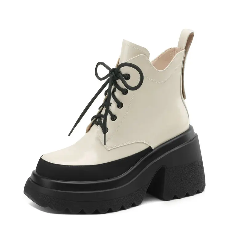 

2025 New Women Boots 100% Genuine Leather Cowhide Black Beige Striped Chelsea Thick-soled Boots Dance Shoes