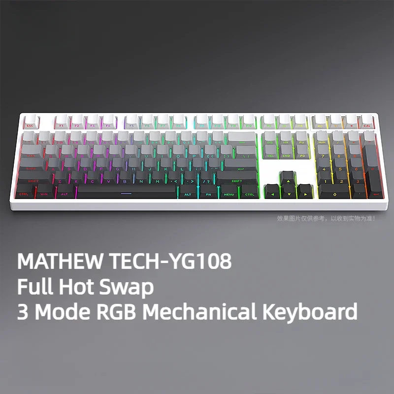 

MATHEW YG108 Mechanical Keyboard 100% Layout Fullsize 108 Keys 3Mode RGB Gaming Keyboard with numberpad Wireless for Mac/Win