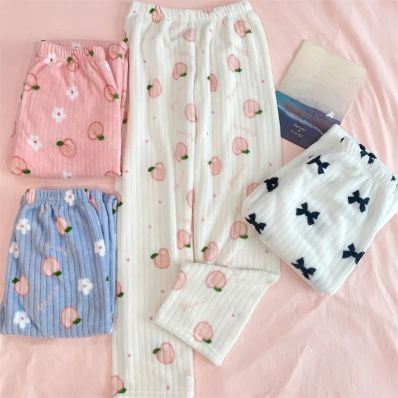 Autumn and Winter Women\'s New Pajama Pants Girls Student Sleeping Pants Warm Pants Coral Fleece Pants Thickened Warm Casual Home