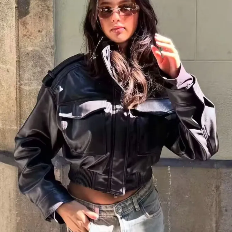 Versatile Glossy Faux Leather Stand-up Collar Long-sleeved Short Coat.New Fashion Women's Jacket with A European American Style.