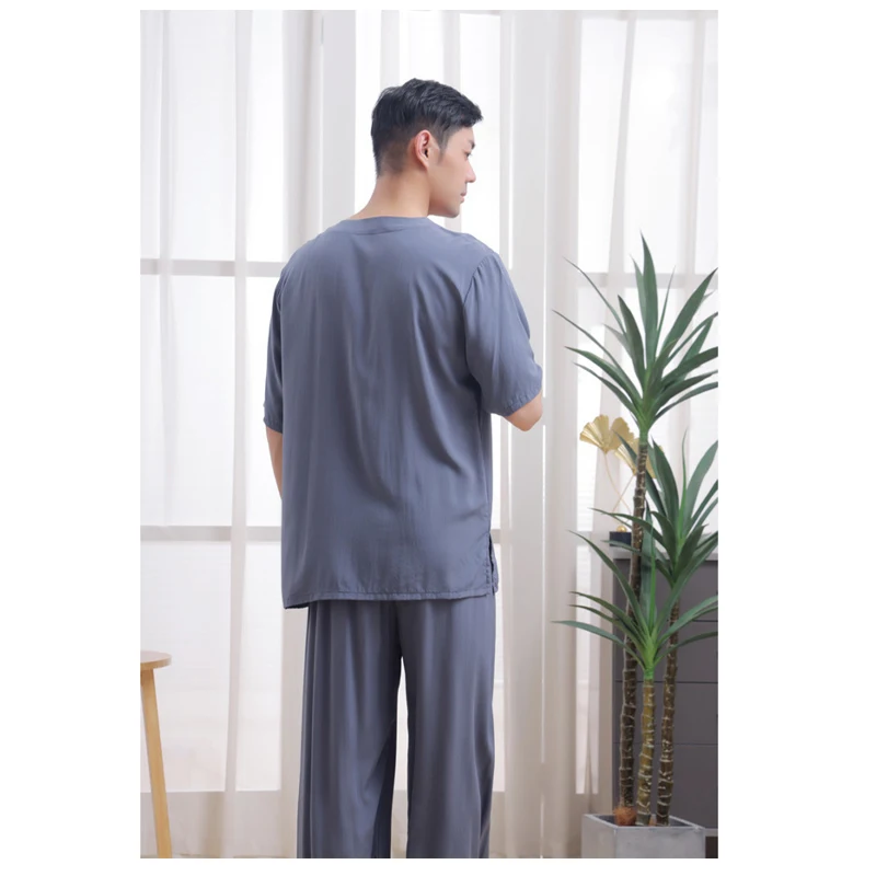 Summer Cotton Silk Men's Suit Navy Blue Short Sleeve T-shirt and Pants 2 Pieces with Solid Color Simple and Comfortable Pajamas