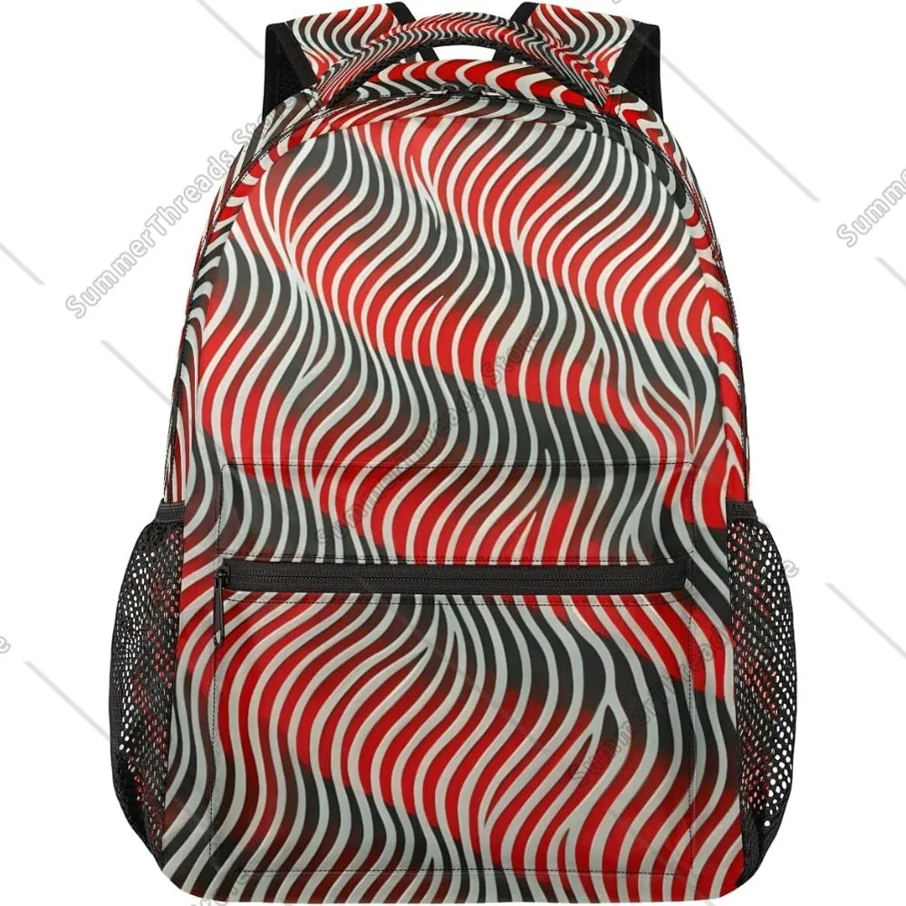 

Red Black White Wave Pattern Backpack, Trendy Artistic Style Bag, Ideal for Daily and School Use