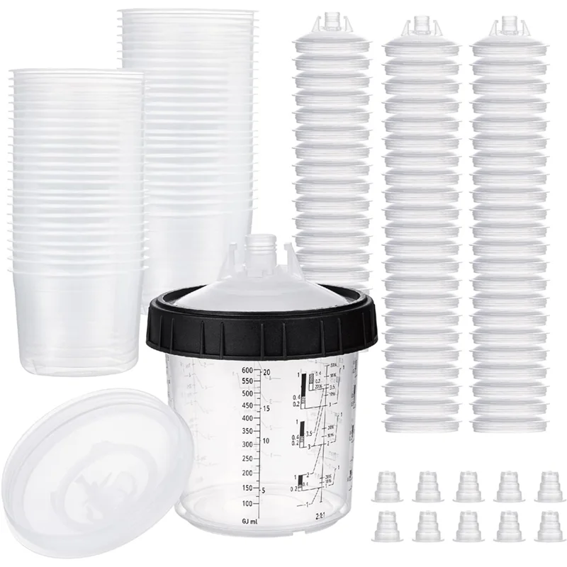 【Weltraumsparend】 Misch- und Farbbecher 20 Unzen (600 ml) Kit 50 Stück mit Deckel, inklusive System 1 Hartbecher mit Haltering und 20 Pl