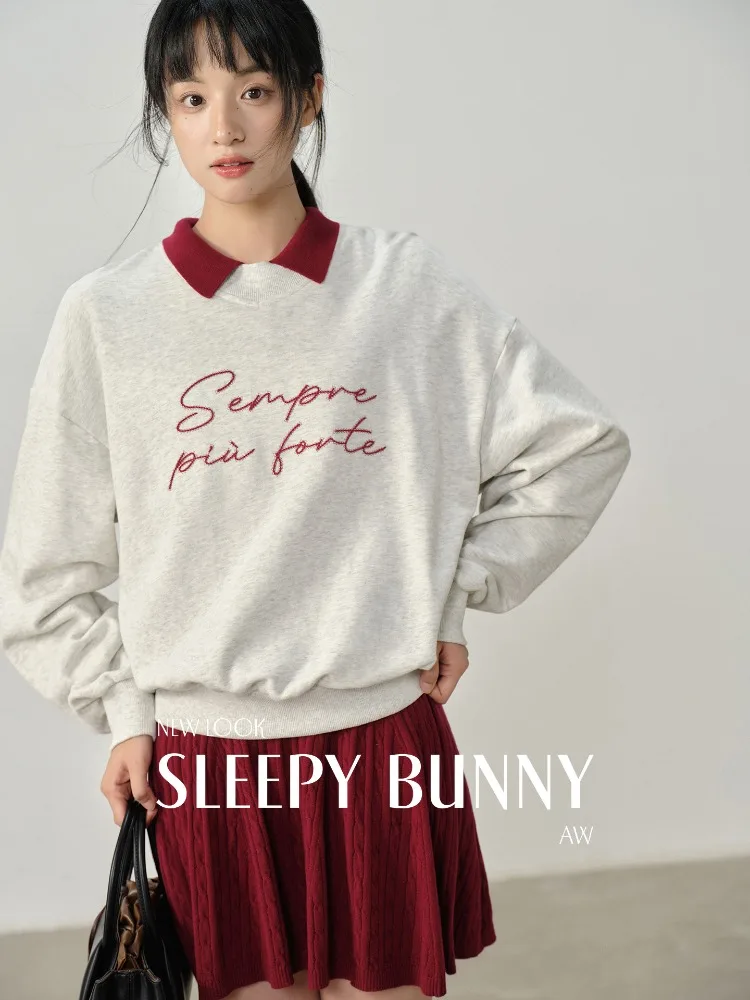 Vintage Casual Loose Embroidered Letter Sweatshirt Autumn Pullover Crew Neck Top Oversized Streetwear Outfit Women Retro Fashion