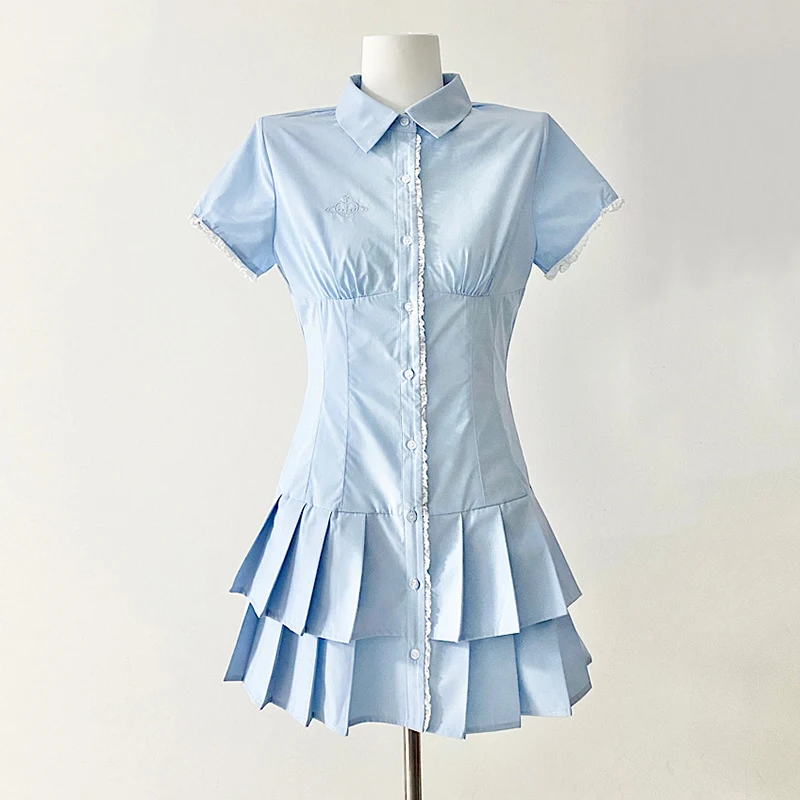 

Preppy Mini Dress Women Lace Embroidered Shirts Dress Ruffles Layer Short Sleeve Summer Short Dress Hotsweet Clothing Light Blue