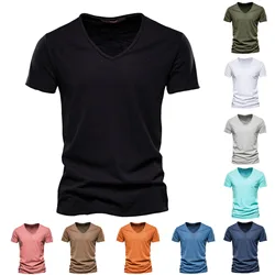 Brand Quality 100% Cotton Men T-shirt V-neck Fashion Design Slim Fit Soild T-shirts Male Tops Tees Short Sleeve T Shirt For Men