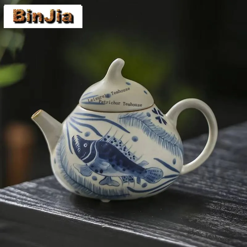 130ml Antique Ru Kiln Pear-shaped Teapot Hand-painted Fish Algae Pattern Pot Ancient Pot Tea Brewing Kettle Tea Items Decoration
