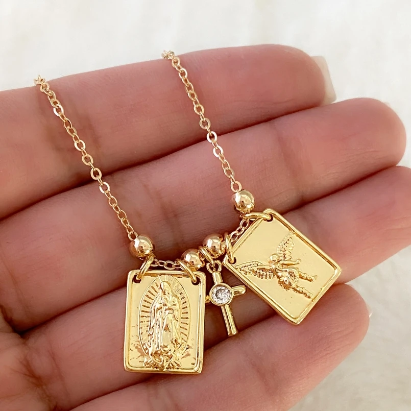 Fashion Rectangular Cross Pendant Necklace Religious Belief Women's Gift Angel Michael, Virgin Mary Believer Spiritual Jewelry