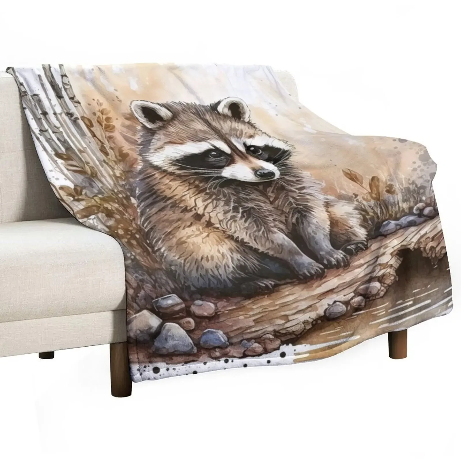 Watercolor Cute Baby Raccoon, Sitting on the Ground Happy Raccoon Cub Throw Blanket Decoratives sofa bed Polar Kid'S Blankets