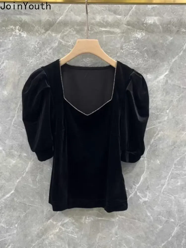 Blusas De Mujer 2023 Temperament Women Crop Tops Square Collar Puff Sleeve Velvet Shirts Diamond Black Tunic Summer Blouses