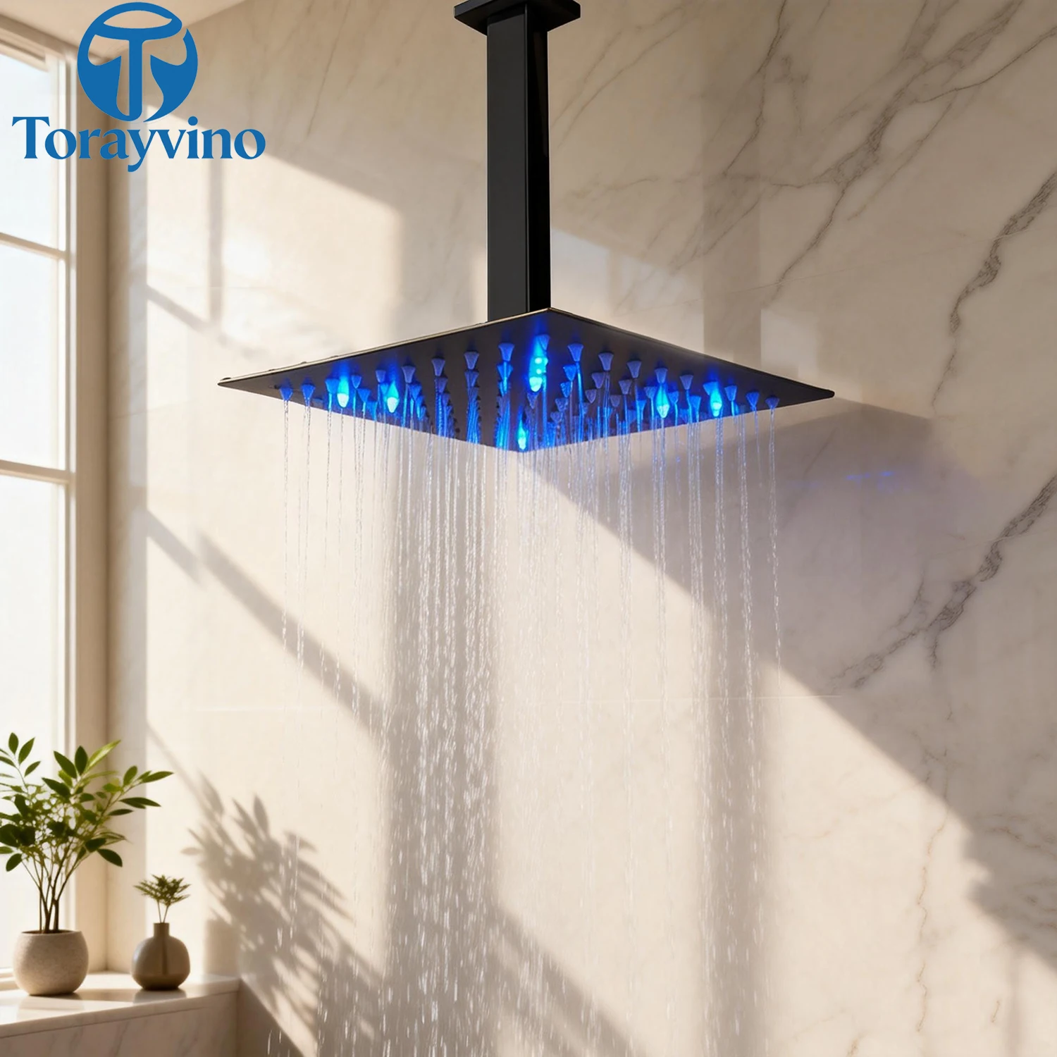 Torayvino Top Shower With Tube Set Led Rainfall Shower Head Ceiling Mounted Brass Black Rain Spray Mixer Tap Head Shower Faucets