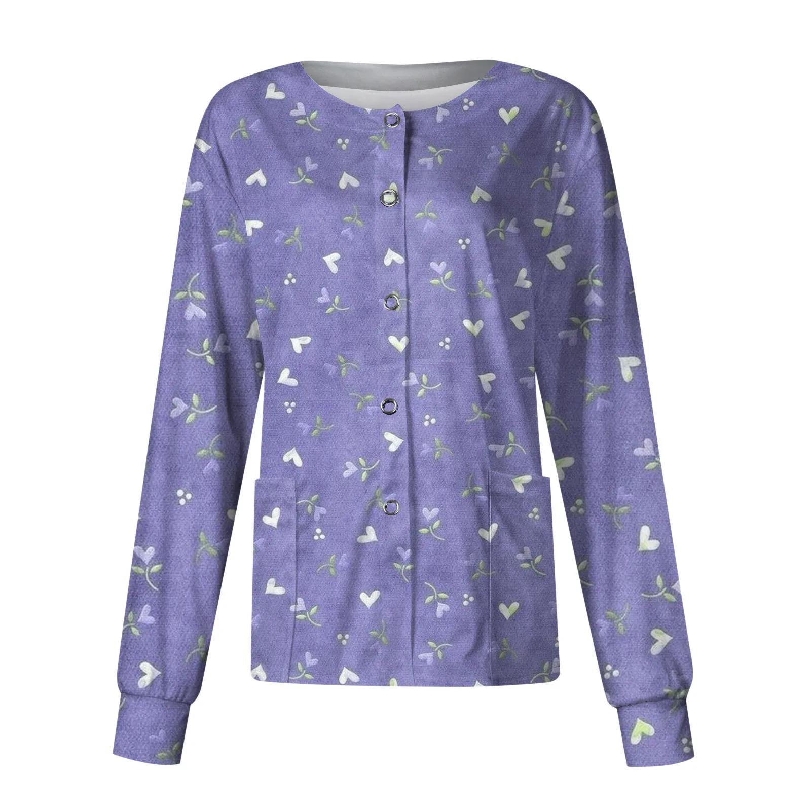 Women Printed Nurse Uniform Long-Sleeved Scrubs Top O Neck Single-Breasted Beauty Salon Work Uniforms Doctors Surgical Top Shirt