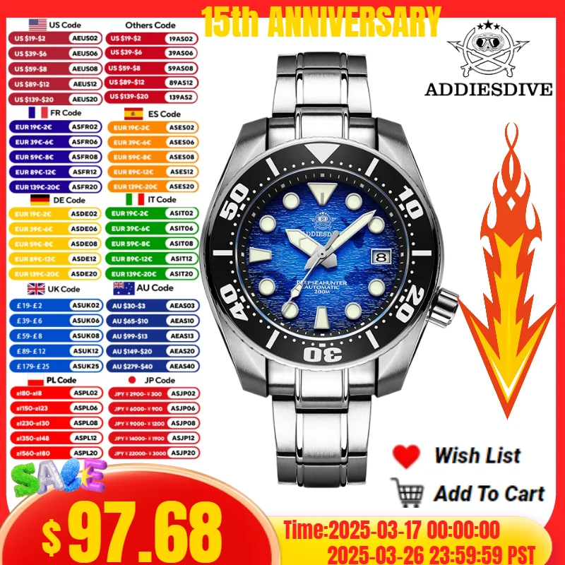 

ADDIESDIVE Men Luxury Watch Sapphire Crystal 20Bar Waterproof BGW9 Super Luminous Automatic Mechanical Watches Reloj Hombre