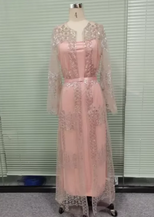 2025 Abaya Dubai Muslim Luxury Dress High Class Embroidery Lace Sequins Ramadan Kaftan Isla African Clothes 2 Piece Set