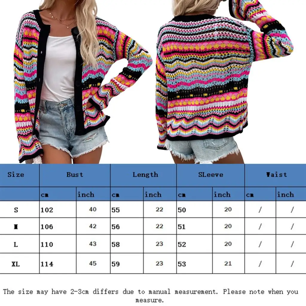 Striped Sweater Women\'s 2023 Autumn and Winter New Loose Rainbow Casual Open Hollow Knitted Shirt Women\'s Cardigan