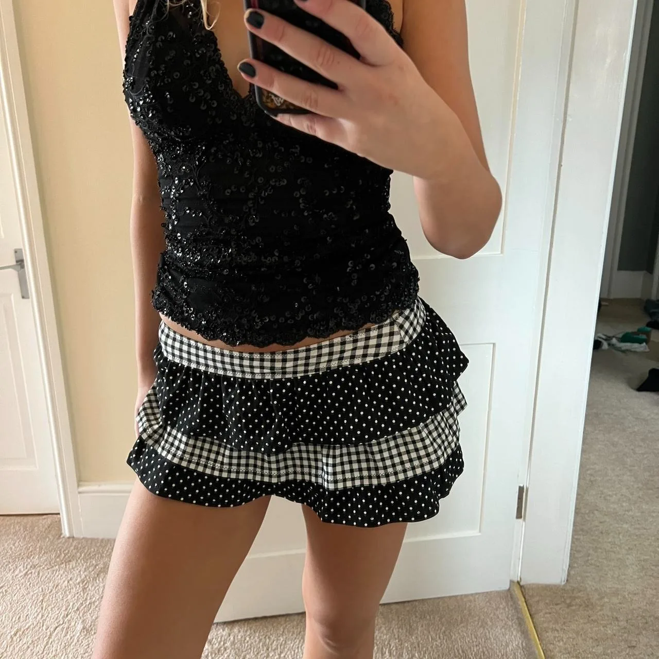 

Black Mini Skirt with Polka Dot and Plaid Layered Ruffles Women's Summer Mini Skirts Y2K Fairy Coquette Pleated Cake Skirt
