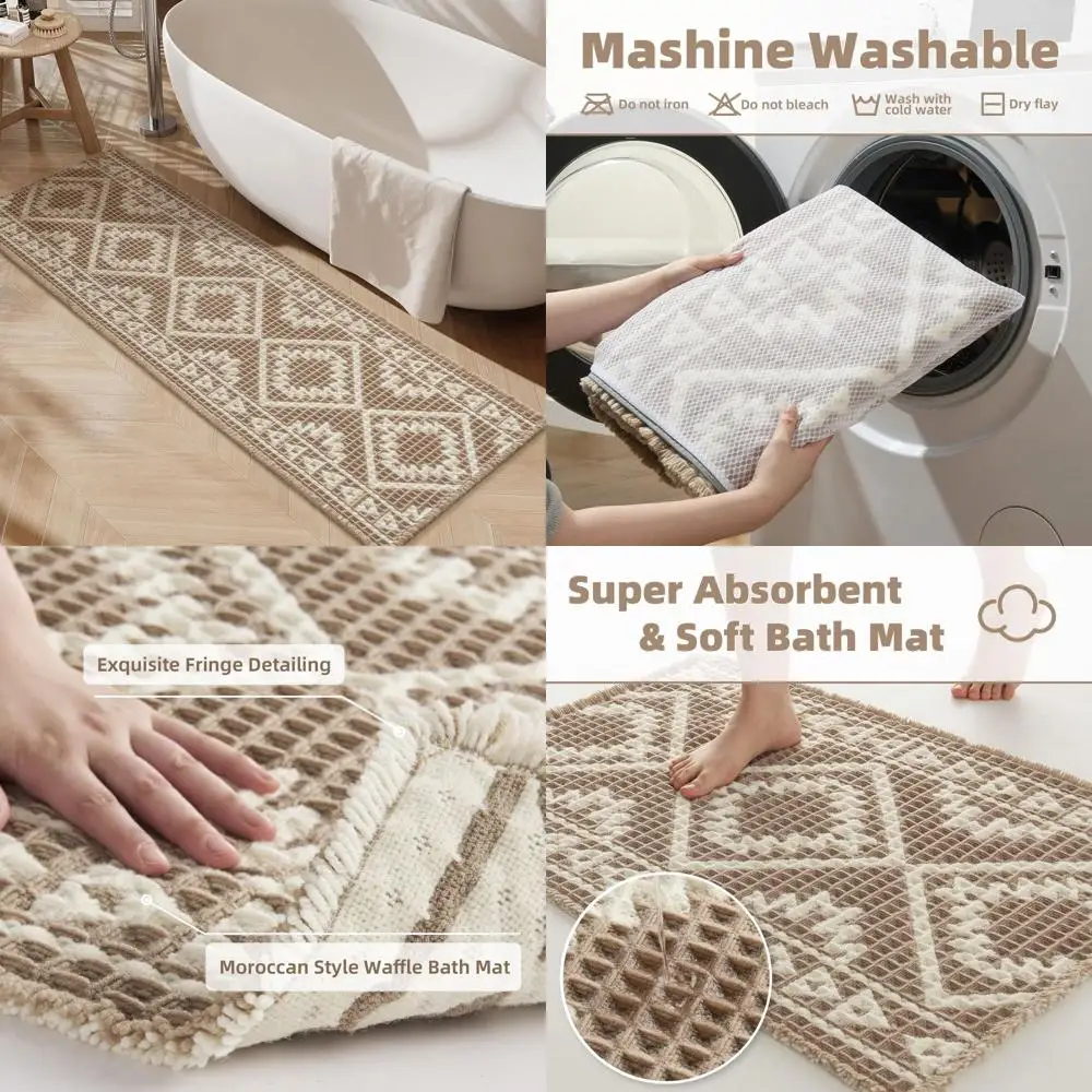 

24x72 Waffle Bath Mat, Ultra Absorbent, Non-Slip with Tassels, Machine Washable, Soft Rug for Bathroom, Laundry, Bedroom, Brown