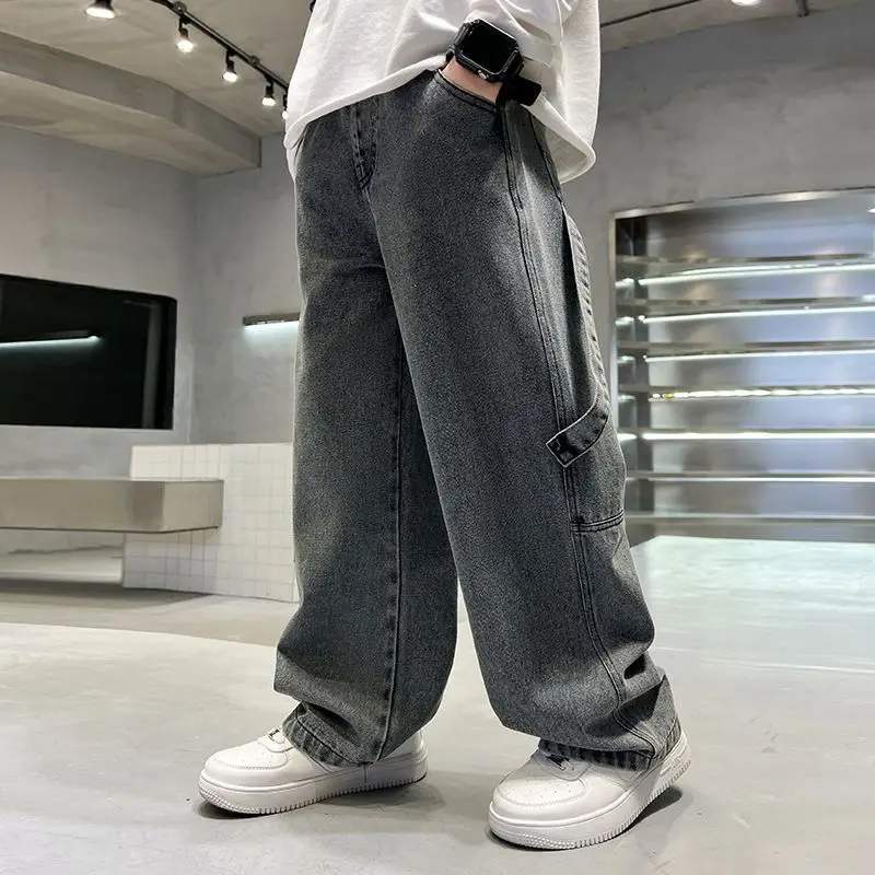 Teenage Boys Cargo Jeans Spring Autumn New Kids Wide Leg Denim Pants for Children Loose Pockets Trousers 5 7 9 11 13 15 Year old