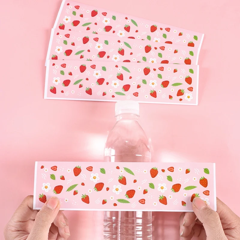 10pcs Pink Strawberry Bottle Labels Stickers Strawberry Theme Sticker for Sweet Berry 1st Birthday Spring Summer Party Supplies