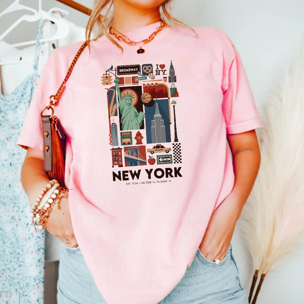 New York City Icons Graphic Tee Broadway Liberty Times Square Travel Souvenir Men Women Cotton Short-sleeve Tops Y2k Streetwear