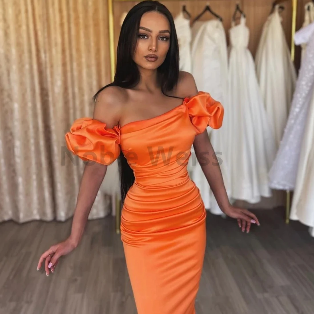 Vestido de fiesta de sirena de satén con hombros descubiertos, vestido de fiesta personalizado de trompeta plisado, personalizado