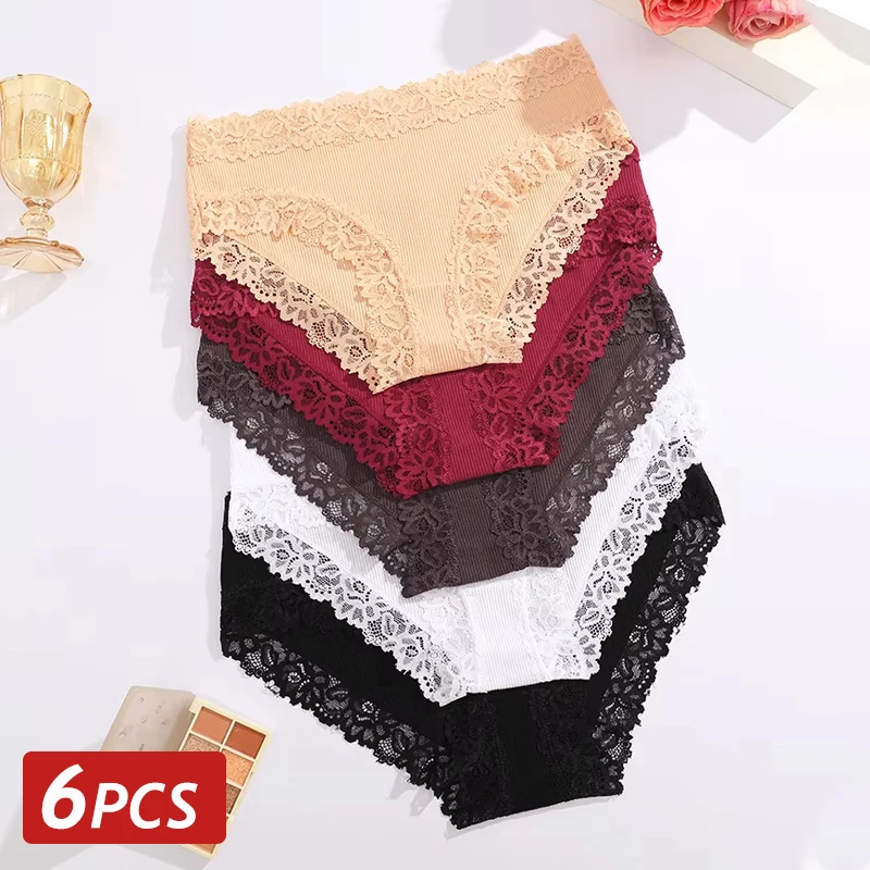 6 Teile/satz Frauen Floral Spitze Baumwolle Höschen Low-Taille Sexy Slip Dessous Weibliche Einfarbig Weiche Unterhose Atmungsaktiv für dame
