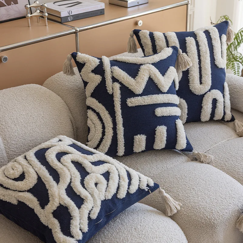 

Boho Geometric Cushion Cover Navy Blue Abstract Tufted Poly Cotton Sofa Pillow Case with Tassel Corners Decorative Home Decor