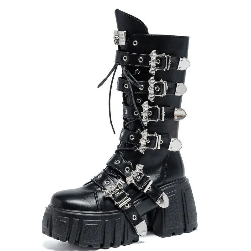 New Trend Punk Western Style Round Toe Thick Bottom Metal Rivet Side Zipper Belt Buckle Sewing Women Boots Fashion Goth Shoes