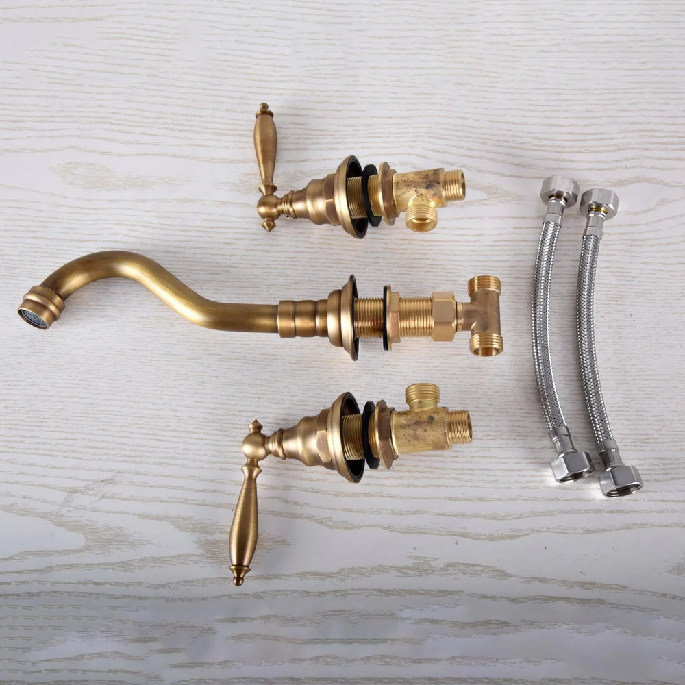 Retro Vintage Antique Brass Two Handle Wall Mount 3 Hole Widespread Bathroom Lavatory Vessel Basin Faucet Sink Mixer Tap dsf511