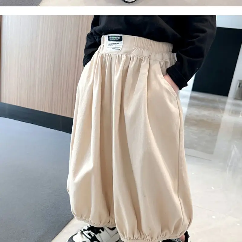 Spring Summer New Fashion High Waist Pockets Kids Loose Korean Style Children's Clothing Solid All Match Kawaii Cotton Y2K Pants