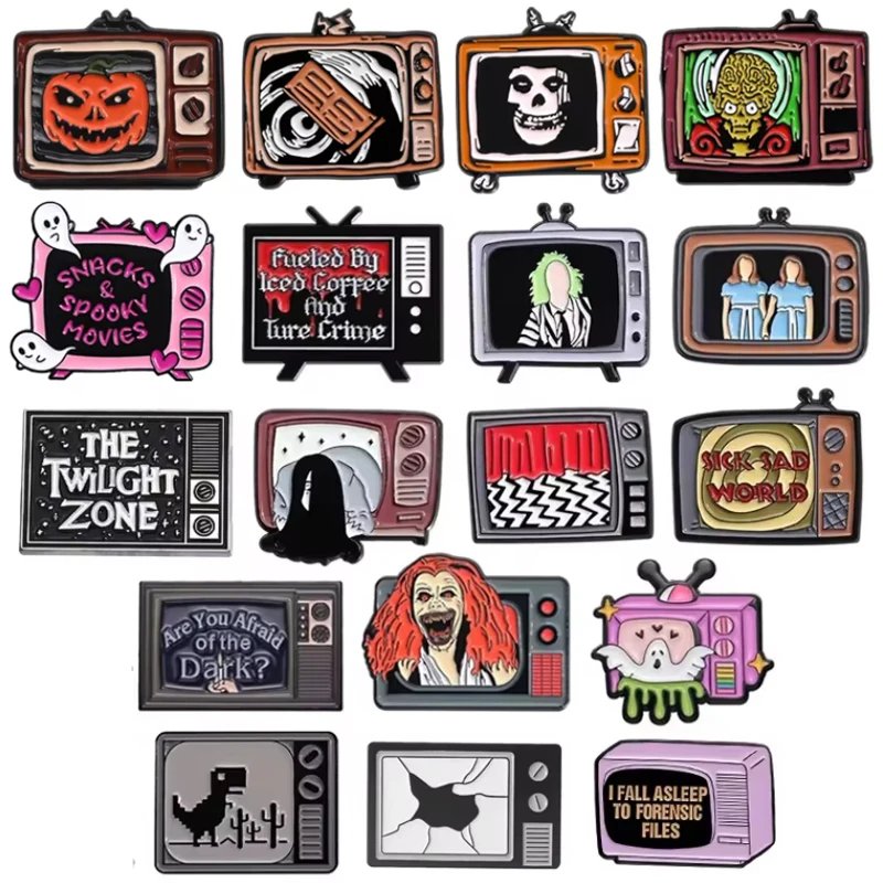 Halloween horror televisão esmalte pinos punk gótico filmes assustadores personagem broches de metal lapela crachá jóias presentes para amigos