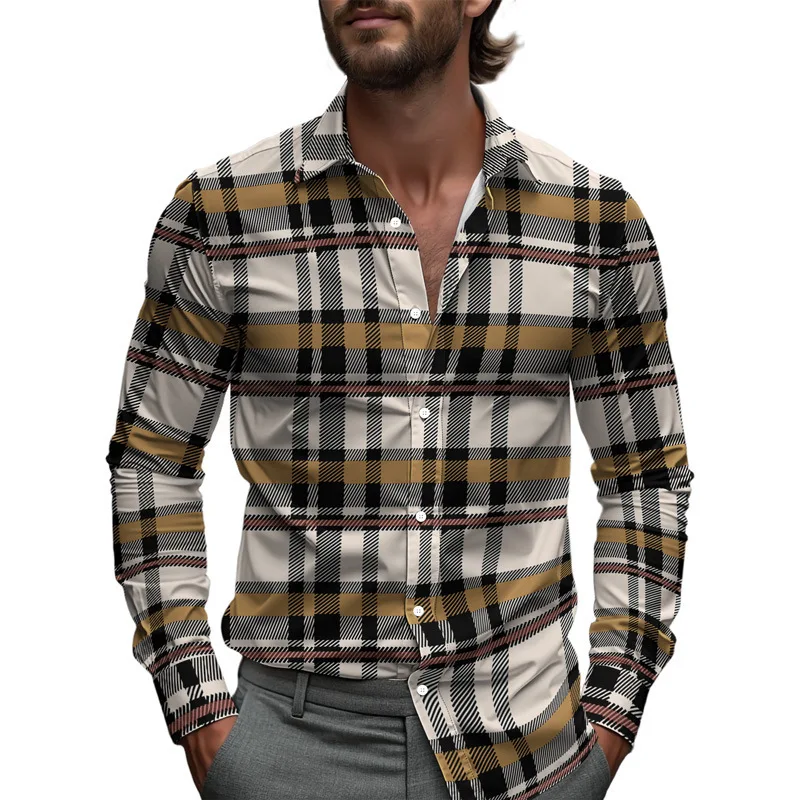 2025 men's fashion line checkered striped lapel business long sleeved shirt, high-quality button up top