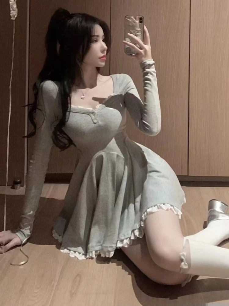 فستان نسائي طويل الأكمام من فيستدوس تونك بياقة مربعة بسيط موضة صغيرة Hotsweet الخريف الحلو الكورية نمط مريح ألف خط الطرف #6