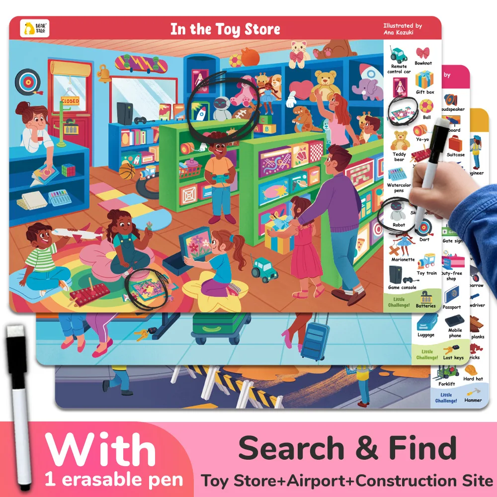 3 Themes Interactive Search and Find Game Looking for Different Activity Painting Kit Drawing Books with Reusable Pen