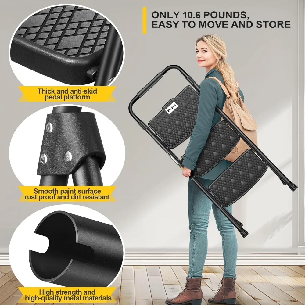 3 Step Ladder, Collapsible Non-Slip Treads Sturdy Steel Ladder, Portable Home Step Stool, Safe and Comfortable Handrail