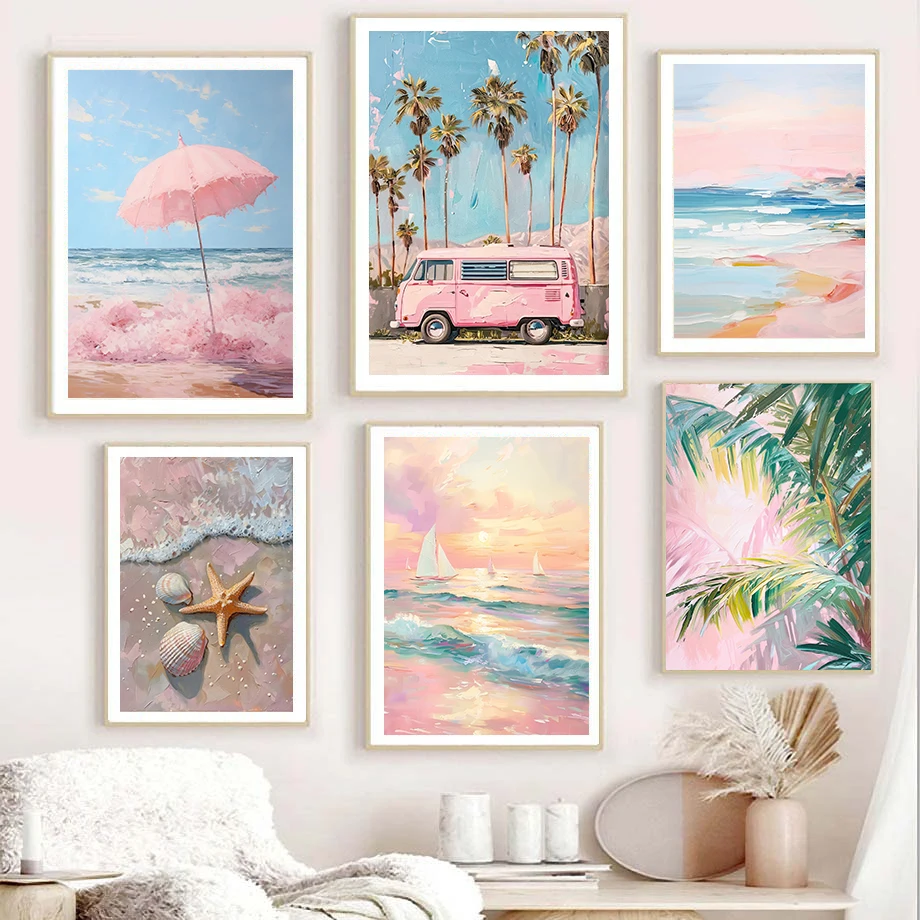 

Pink Coastal Beach Umbrella Print Preppy Painting Poster Girly Dorm Wall Art Canvas Painting Nordic Poster Home Living Room Deco