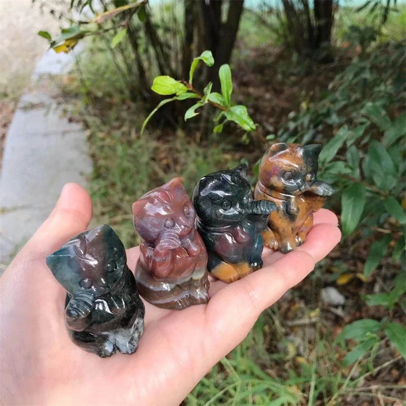 5cm Natural Ocean Jasper Fortune Cat Figurines Stones Carved Room Ornament Healing Crystals Gemstone Craft Gifts 1pcs