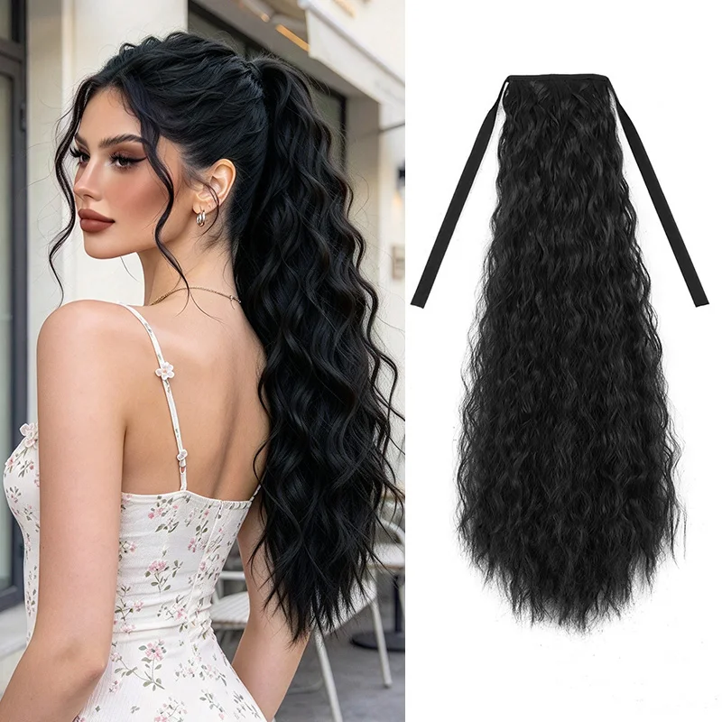 24Inch Synthetic Drawstring Ponytail Hair Extensions Long Kinky Curly Wrap Around Ponytail Soft Fiber Hairpiece for Women