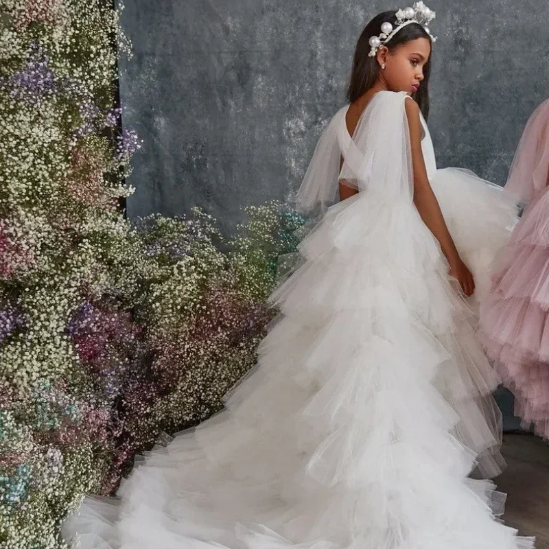 Vestidos de flores para niña, tul blanco y rosa escalonado con cola larga, manga corta para boda, fiesta de cumpleaños, banquete, vestidos de princesa