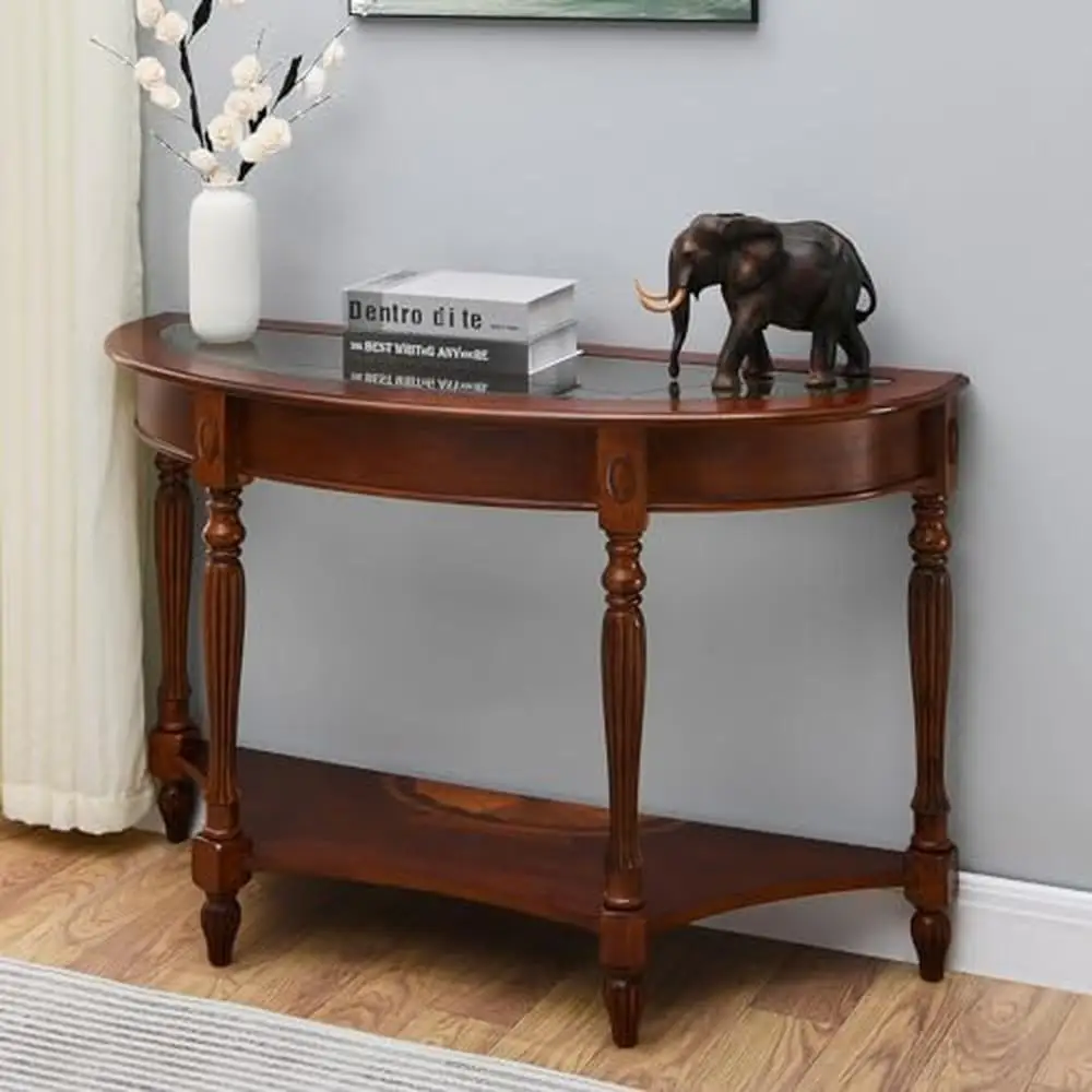 

Полукруглый деревянный консольный столик со стеклянной верхней полкой для прихожей, гостиной, прихожей, емкостью 150 фунтов