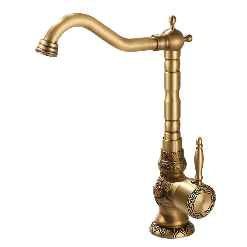 European Antique Style Retro All Copper Faucet for Bathroom Cabinet Hand Washing Basin Vegetable Countertop Rotatable Design