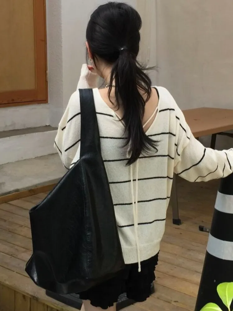 Tricot rayé ajouré pour femmes, Design coréen, haut fin et polyvalent, nœud papillon, Svel, coupe ample, été