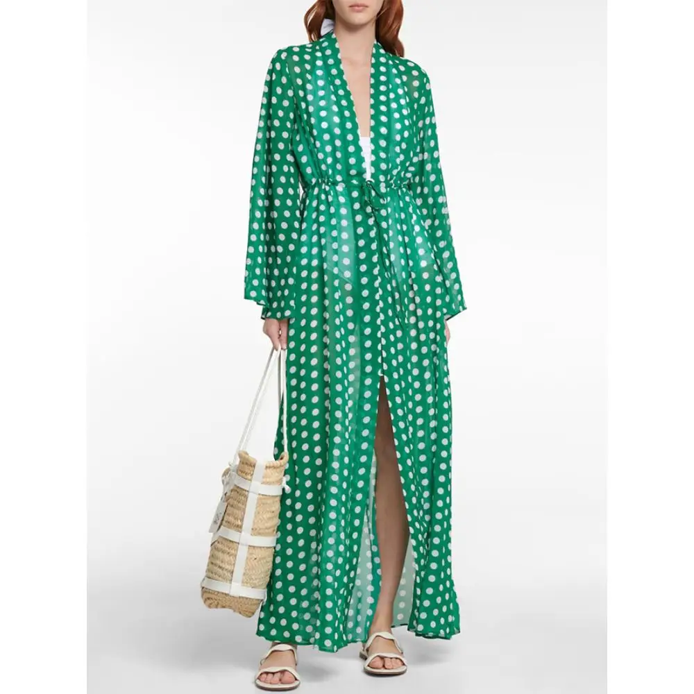 

Polka-dot Print Beach Cover Up Beach Women's Long Tunic Kimonos Push Up Bow Design Bikini Luxury Vacation One Piece Swimsuit