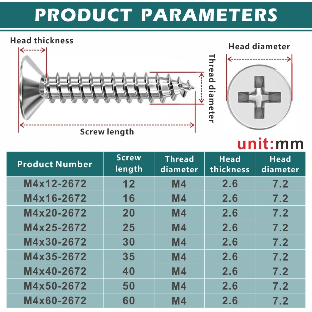 304 Stainless Steel Cross Recessed Countersunk Flat Head Self Tapping Screws Wood Furniture Phillips M4 M5 500g