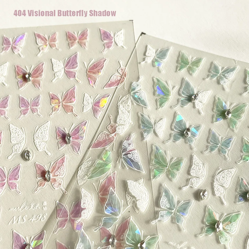 -Visional Butterfly Shadow- Crystal Diamonds Sticker Fancy Shellblock Adorn Adhesive DIY Decals White Lace Butterfly Sticker 404