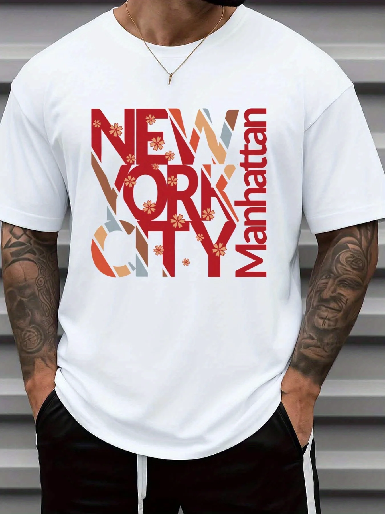 Nyc Manhattan T-Shirt, White, Comfortable, Loose-Fitting Fashion T-Shirt, Round Neck, Short Sleeves, Casual Style, Digital Heat Transfer Print, Suitable for All Seasons