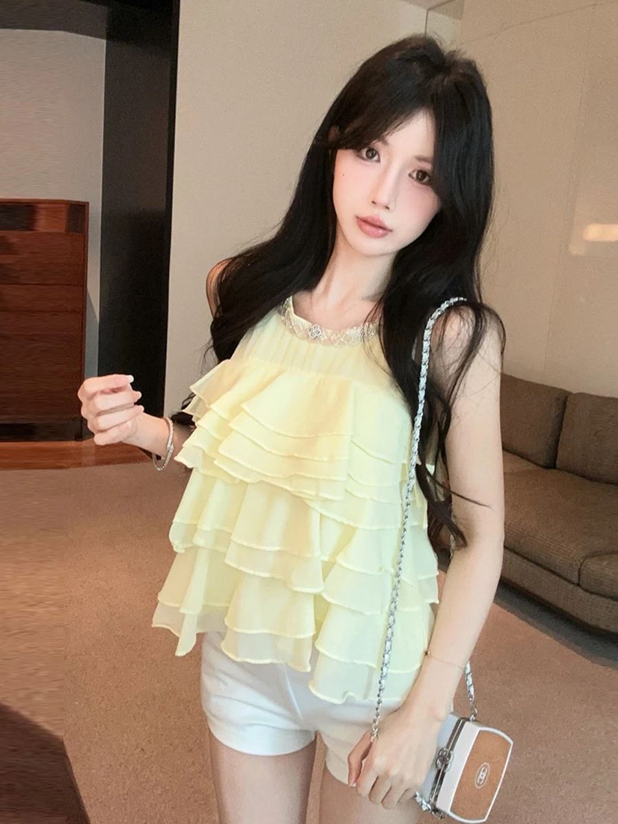 

Изящный элегантный топ без рукавов с богатой отделкой, в стиле Pure Desire, многослойный шифоновый топ с кружевной отделкой, летняя модная женская одежда S...