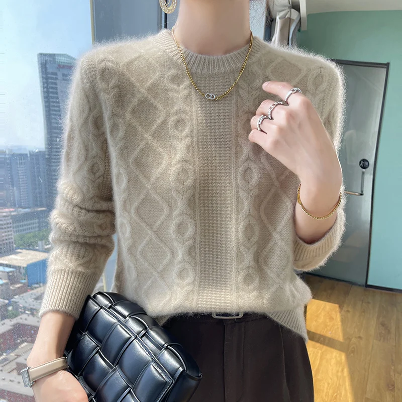 

100% Pure Wool 2023 Autumn And Winter New Female O-Neck Loose Long-Sleeved Pullover Twisted Cashmere Sweater Bottoming Sweater